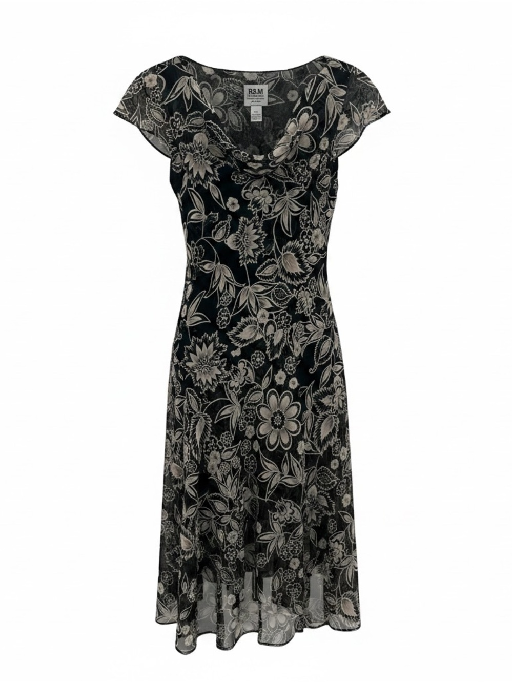 R&M Richards Black and Beige Fairy Y2K  Floral Cowl Neck Midi Dress